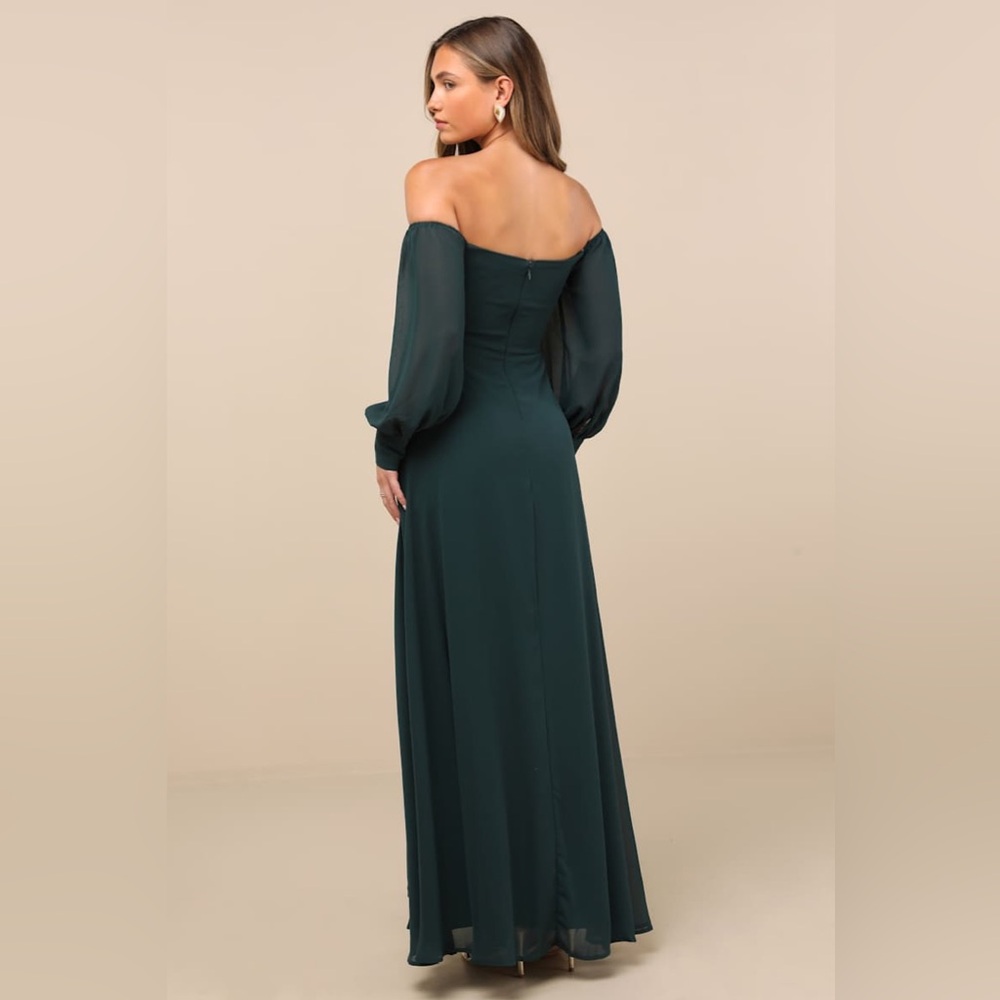 Lulu's Elegant Off-Shoulder Long Sleeve Dress in Dark Green - Picture 7 of 14